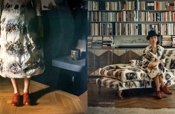 Female fashion model in blue denim waistcoat, top half of face painted black, on cover of 'I'll Wear It Until I'm Dead, The Song Fashion Collection', by Lannoo Publishers.