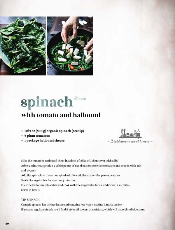 Plate of fish cakes on bed of green cabbage, pot of utensils to side, on cover of 'Low Carb Cookbook with 4 Ingredients 2, by Lannoo Publishers.