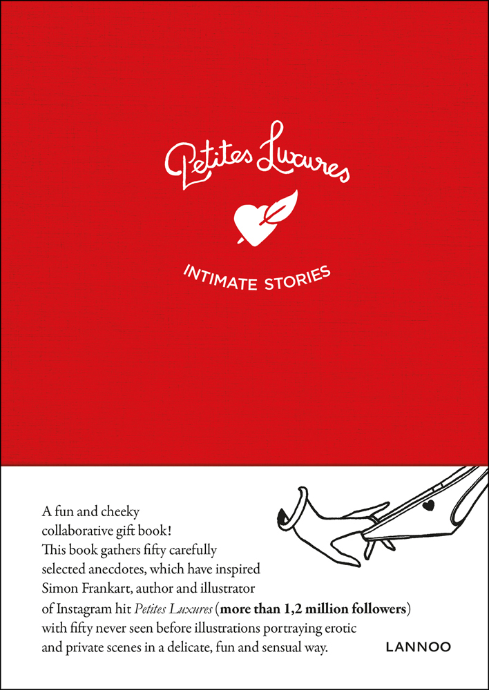 Ink drawing of elegant hand stretching a pair of knickers, on cover of 'Petites Luxures, Intimate stories', by Lannoo Publishers.