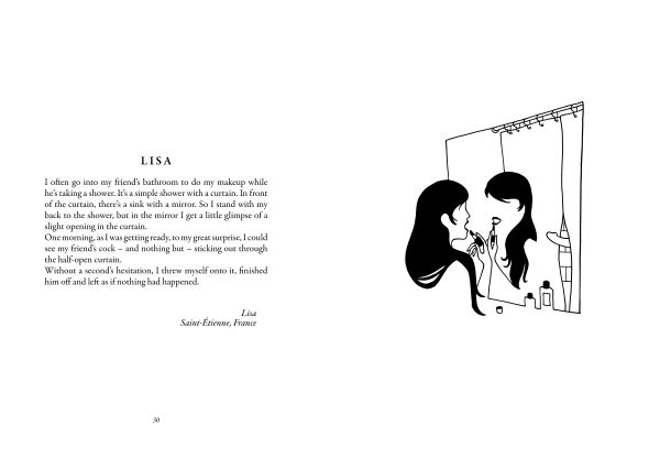 Ink drawing of elegant hand stretching a pair of knickers, on cover of 'Petites Luxures, Intimate stories', by Lannoo Publishers.