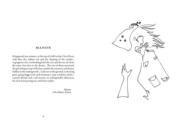 Ink drawing of elegant hand stretching a pair of knickers, on cover of 'Petites Luxures, Intimate stories', by Lannoo Publishers.