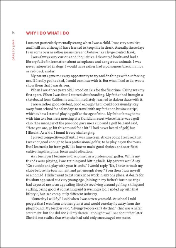 Skydiver in Red Bull wingsuit, gliding high up over Pyramids, on cover of 'Dare to Jump, Everything You Want is on the other Side of Fear', by Lannoo Publishers.