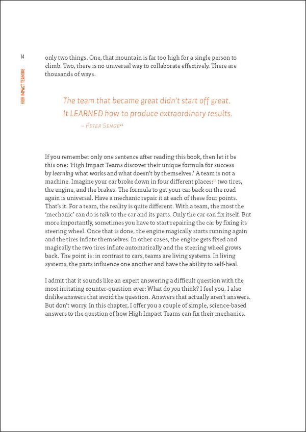 Orange cover of 'High Impact Teaming, Slow Down to Go Faster', by Lannoo Publishers.