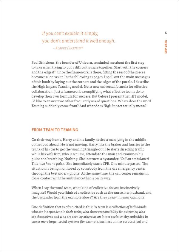 Orange cover of 'High Impact Teaming, Slow Down to Go Faster', by Lannoo Publishers.