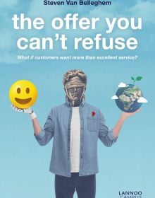 Male in denim shirt, bronze sculpture for head, holding smiling yellow emoji in one hand and earth in the other, on blue cover, 'The Offer You Can't Refuse', by Lannoo Publishers.
