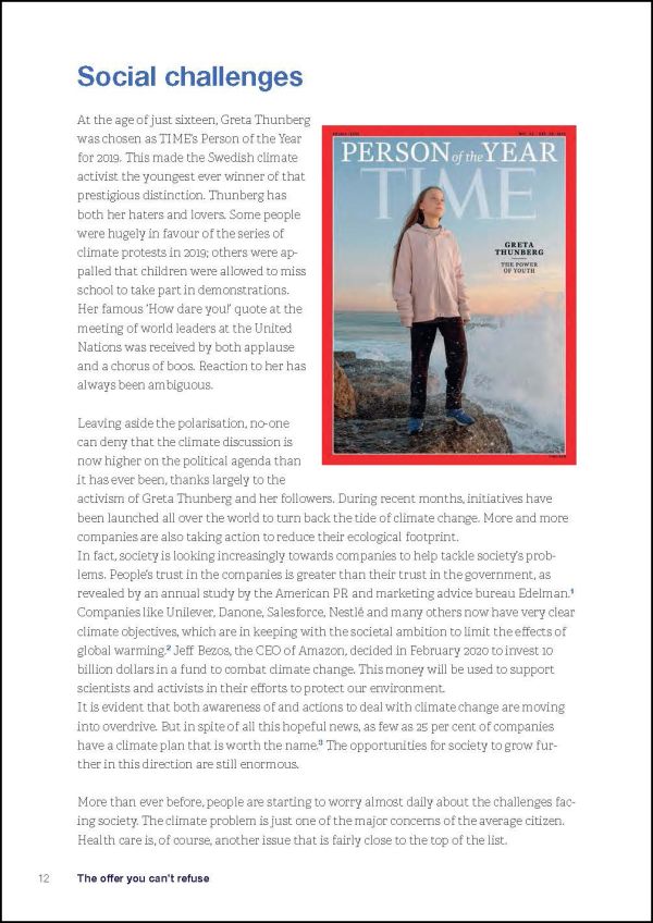 Male in denim shirt, bronze sculpture for head, holding smiling yellow emoji in one hand and earth in the other, on blue cover, 'The Offer You Can't Refuse', by Lannoo Publishers.