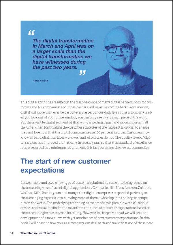 Male in denim shirt, bronze sculpture for head, holding smiling yellow emoji in one hand and earth in the other, on blue cover, 'The Offer You Can't Refuse', by Lannoo Publishers.