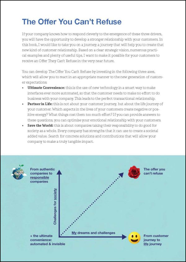 Male in denim shirt, bronze sculpture for head, holding smiling yellow emoji in one hand and earth in the other, on blue cover, 'The Offer You Can't Refuse', by Lannoo Publishers.