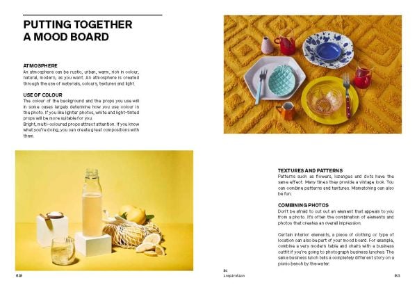 Montage of food dishes: pizza, cake, salad bowl and fig, on grey cover of 'Food Photos & Styling, Creating Fabulous Food Photos with Your Camera or Smartphone', by Lannoo Publishers.