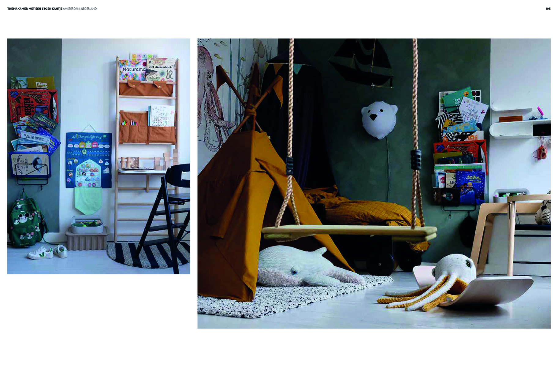 Home interior of children's play area, cardboard castle on floor, on orange cover of 'Let's Play House, Inspirational Living With Kids', by Lannoo Publishers.