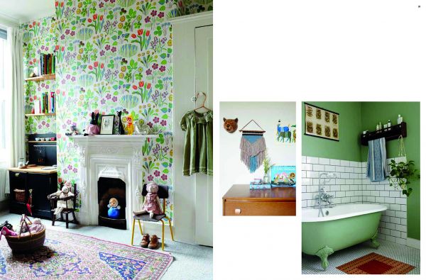 Home interior of children's play area, cardboard castle on floor, on orange cover of 'Let's Play House, Inspirational Living With Kids', by Lannoo Publishers.