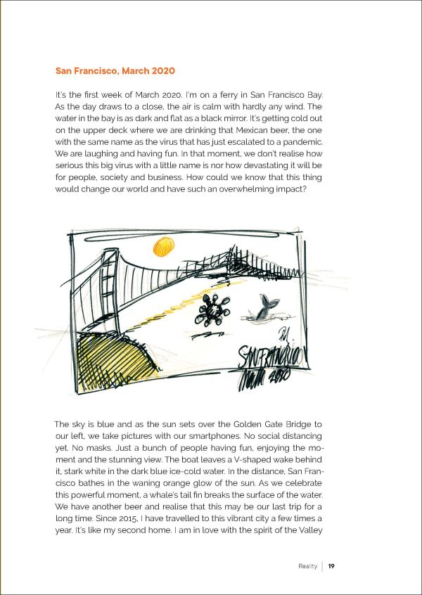 Hand passing book to another hand, on orange cover of 'The Guide to the Ecosystem Economy, Sketchbook for Your Organization’s Future', by Lannoo Publishers.