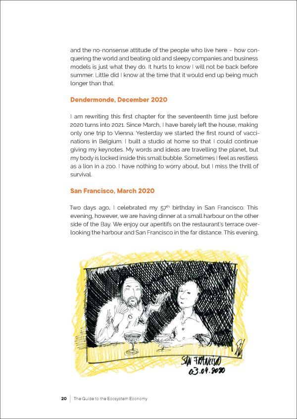 Hand passing book to another hand, on orange cover of 'The Guide to the Ecosystem Economy, Sketchbook for Your Organization’s Future', by Lannoo Publishers.