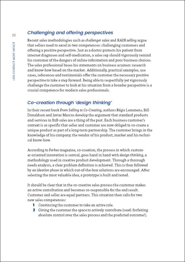 Blue cover of 'Less Contact, More Impact, How to Win Buyers’ Trust in a Turbulent Digital World', by Lannoo Publishers.