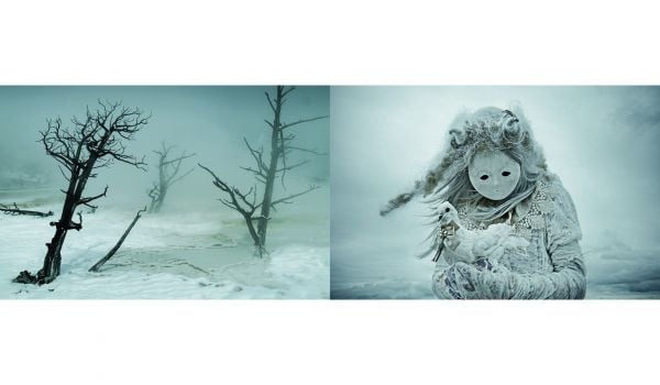 Skull masked figure in gold and white ruffled clothing, cradling white dove, on cover of 'Mothmeister: Dark and Dystopian Post-Mortem Fairy Tales', by Lannoo Publishers.