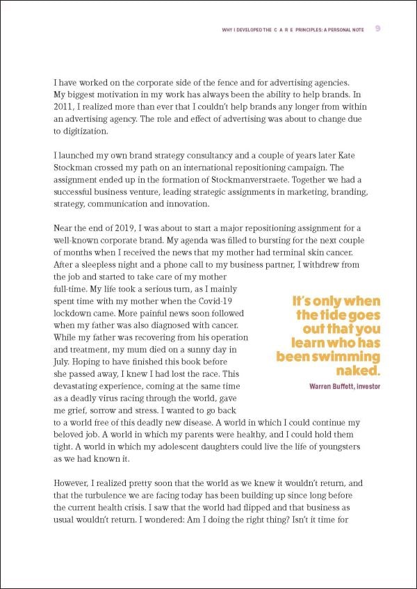 Group of 4 with arms around one another, on cover of 'Does Your Brand Care? Building a Better World. The C A R E-principles', by Lannoo Publishers.