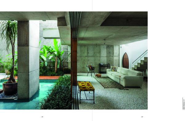 Relaxing exterior space with small pool surrounded by green exotic palm trees, on cover of 'Botanical Buildings, When Plants Meet Architecture', by Lannoo Publishers.