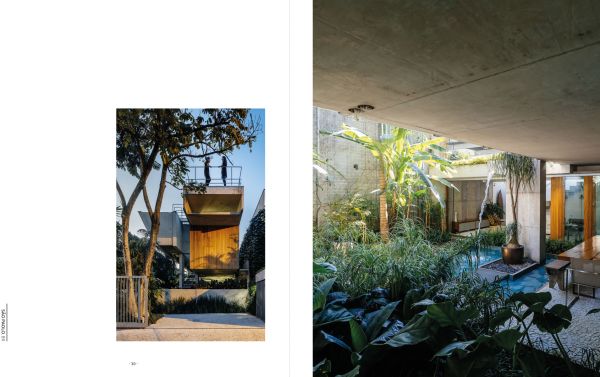 Relaxing exterior space with small pool surrounded by green exotic palm trees, on cover of 'Botanical Buildings, When Plants Meet Architecture', by Lannoo Publishers.