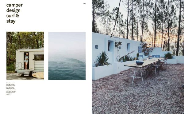 Aerial view of pale green sea with surfers on boards, on cover of 'Surf & Stay', by Lannoo Publishers.