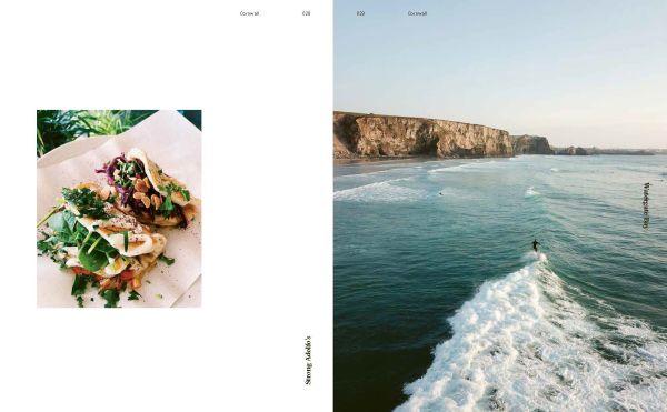 Aerial view of pale green sea with surfers on boards, on cover of 'Surf & Stay', by Lannoo Publishers.