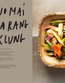 Book cover of The Thai Kitchen of Boo Raan, Sharing Recipes From Dokkoon Kapueak, with an Asian style chicken dish in restaurant kitchen, with chef topping with herbs. Published by Lannoo Publishers.