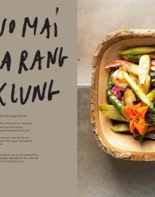 Asian style chicken dish in restaurant kitchen, chef topping with herbs, on cover of 'The Thai Kitchen of Boo Raan, Sharing Recipes From Dokkoon Kapueak', by Lannoo Publishers.