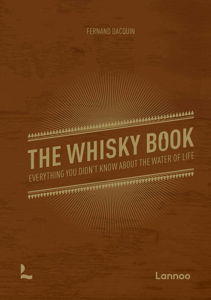 Rich brown cover with The Whisky Book in gold font in centre surrounded by long gold marks forming circle