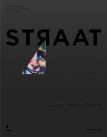 Charcoal cover with small triangular image of smiling face with multicolored patterns on cover of 'STRAAT, Quote from the streets', by Lannoo Publishers.
