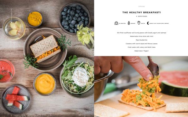 Plate of small green and yellow stacked canapes, on cover of 'Wild Cooking, Surprising Seasonal Dishes With Fresh Vegetables and Fruits', by Lannoo Publishers.