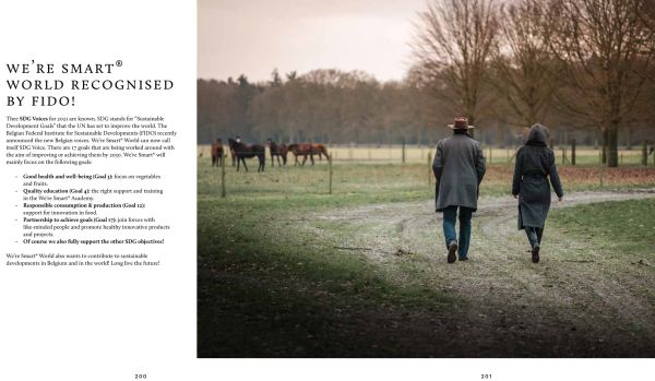 Plate of small green and yellow stacked canapes, on cover of 'Wild Cooking, Surprising Seasonal Dishes With Fresh Vegetables and Fruits', by Lannoo Publishers.