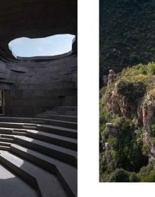 Illuminated interior living space, surrounded by carved rock, on cover of 'Hidden Architecture, Buildings that Blend In', by Lannoo Publishers