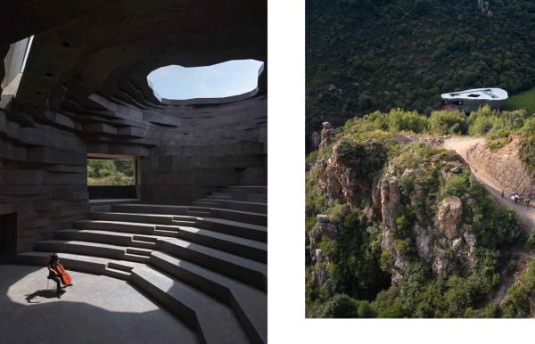 Book cover of Hidden Architecture, Buildings that Blend In, with a house surrounded by carved rock. by Lannoo Publishers