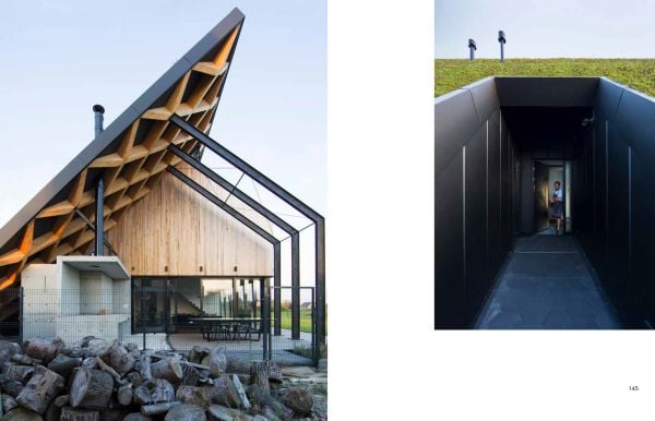 Book cover of Hidden Architecture, Buildings that Blend In, with a house surrounded by carved rock. by Lannoo Publishers