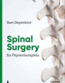 Book cover of Spine Surgery for Physiotherapists, featuring a vertebral spine model. Published by Lannoo Publishers.