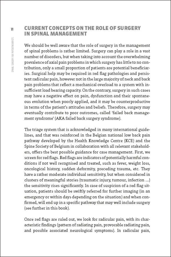 Book cover of Spine Surgery for Physiotherapists, featuring a vertebral spine model. Published by Lannoo Publishers.