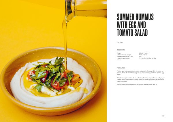 Large capitalised black font on custard yellow cover of 'Boker Tov, A culinary love story from Tel Aviv', by Lannoo Publishers.