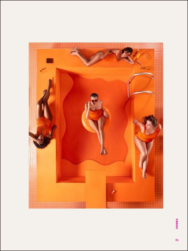 Book cover of Eli Rezkallah, Life in Plastik, with a model in pink tunic and hat, standing behind shelves of pink plastic product bottles. Published by Lannoo Publishers.