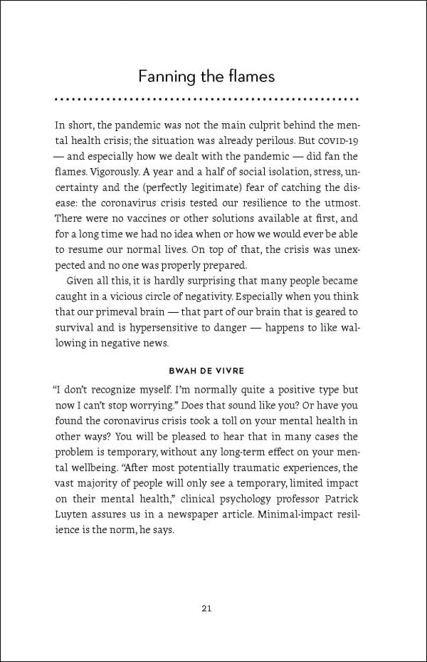 Figure in bathing suit jumping out of blue water with brown backdrop, on cover of 'The Mental Reset, How hybrid work and life strengthen your resilience', by Lannoo Publishers.