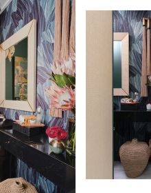 Interior living space with green wall cover with embossed pattern, Zeilmaker chair in foreground, on cover of 'Wonderful Wallcoverings', by Lannoo Publishers.