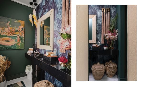 Book cover of Wonderful Wallcoverings, with an interior living space with green wallpaper with a textured pattern. Published by Lannoo Publishers.