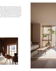Calm, interior living space with pale wood table and chairs, low light fixture, white sofa, on cover of 'Japandi Living, Japanese Tradition. Scandinavian Design', by Lannoo Publishers.
