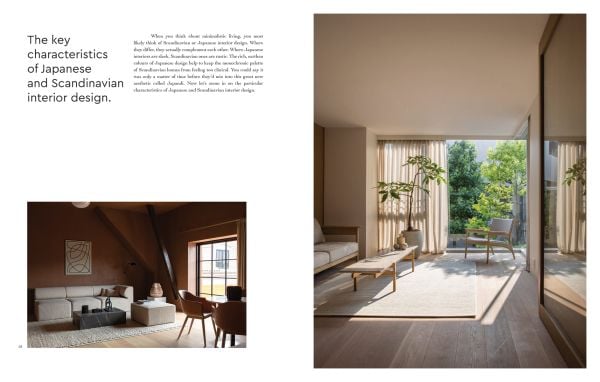 Book cover of Japandi Living, Japanese Tradition. Scandinavian Design, with a calm, interior living space with pale wood table and chairs, low light fixture, and white sofa. Published by Lannoo Publishers.