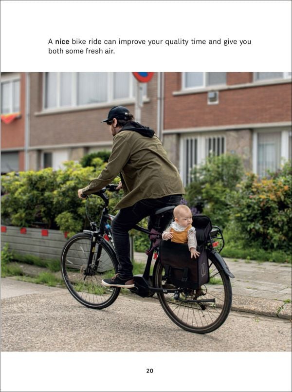 Book cover of Adventures With Dad Being a Father is Child's Play, with a father sitting next to playing field with two small children, one flying off ramp in plastic car. Published by Lannoo Publishers.