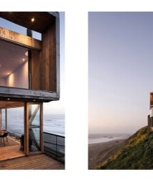 Modern home with glass side, built on cliff edge with mountains behind, under blue sky, on cover of 'Living on the Edge', by Lannoo Publishers.