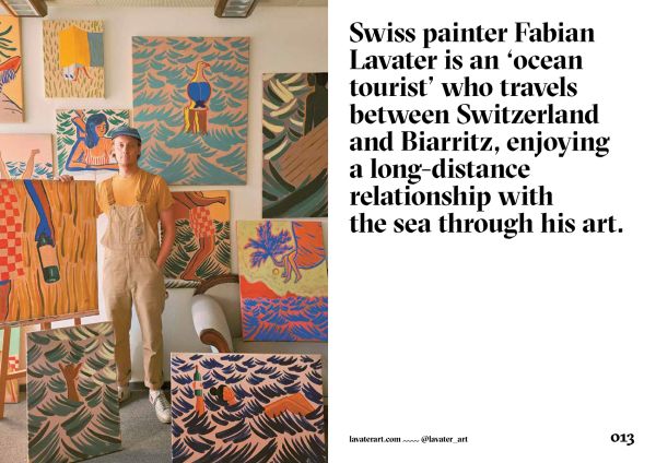 Book cover of Veerle Helsen's Surf & Art: Contemporary Surf Artists Around the World, with a surfer on the waves, large orange sunset behind. Published by Lannoo Publishers.