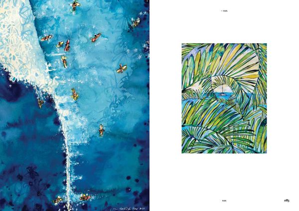 Book cover of Veerle Helsen's Surf & Art: Contemporary Surf Artists Around the World, with a surfer on the waves, large orange sunset behind. Published by Lannoo Publishers.