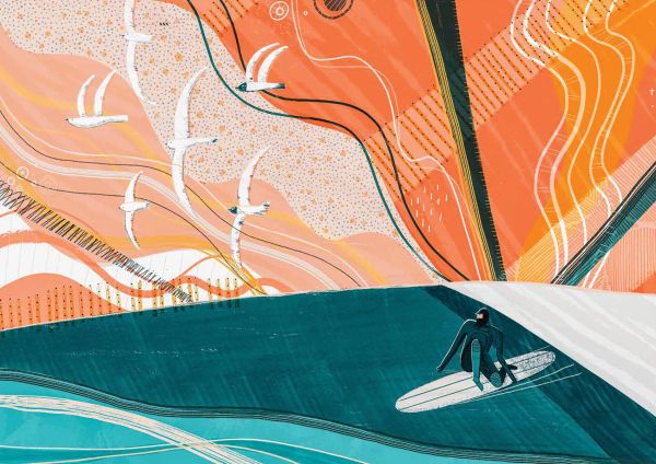 Book cover of Veerle Helsen's Surf & Art: Contemporary Surf Artists Around the World, with a surfer on the waves, large orange sunset behind. Published by Lannoo Publishers.