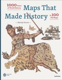 Section of old illustrated map, crowned figure holding sword, on cover of 'Maps that Made History', 1000 Years of World History in 100 Old Maps, by Lannoo Publishers.