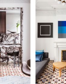 White Mediterranean interior space with white sofa, low hanging light, family portrait painting on wall, on cover of 'Barcelona Interiors', by Lannoo Publishers.