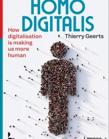 Book cover of Homo Digitalis, How digitalisation is making us more human, with an aerial view of large group of people forming human outline. Published by Lannoo Publishers.